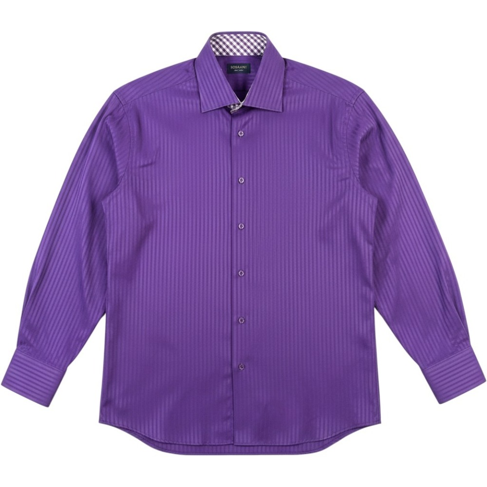 Domani Blue Label Mens Purple Striped Dress Shirt 16 32-33 Gingham Trim Long Slv